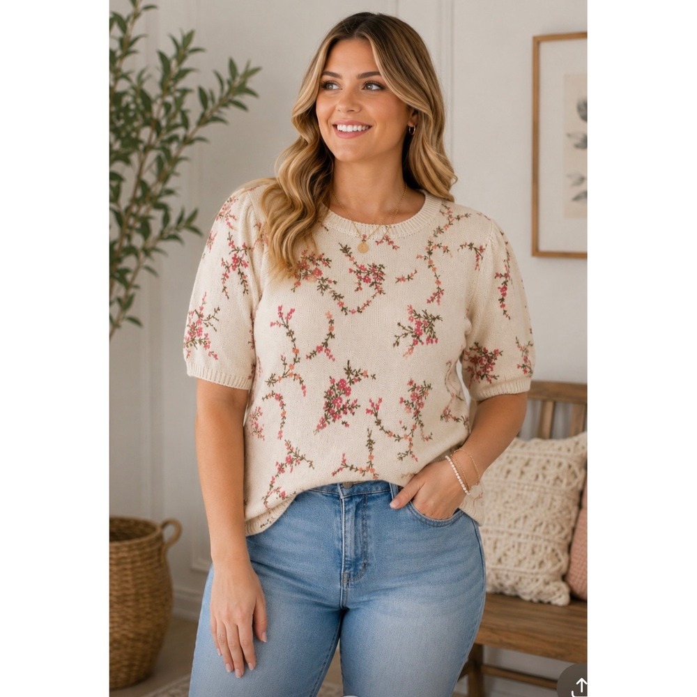 LC‎ Lauren Conrad Cream Floral Puff Short Sleeve Knit Sweater Top XL